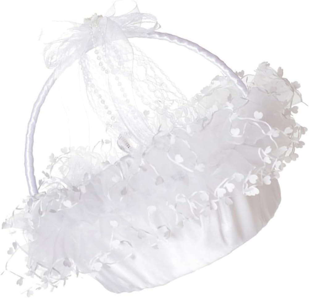 Beavorty Lace Wedding Basket White Heart-shaped Flower Girl Basket with Detachable Handle Portable Handheld Petals Holder for Ceremony and Bridal Supplies