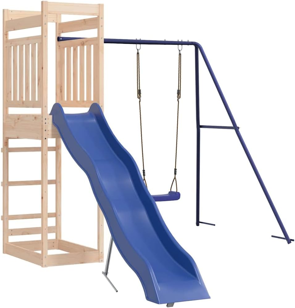 Outdoor Playset Natural Wood Solid Pine Wood Large Seats Single Swing Wavy Slide Sturdy Frame Anchors Included for Stability and Safety