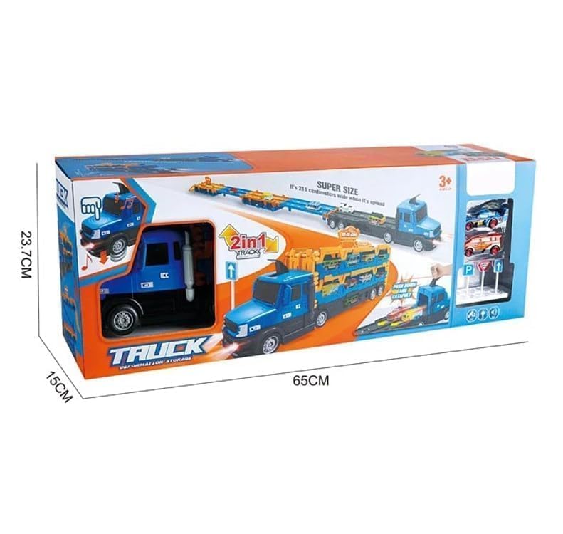 Image of Big Hauler Storage & Deform Truck Toy with 55 inch 2 Ejection Race Track & 6 Cars- Catapult Truck with LED Light & Music for Kids (Blue & Yellow)