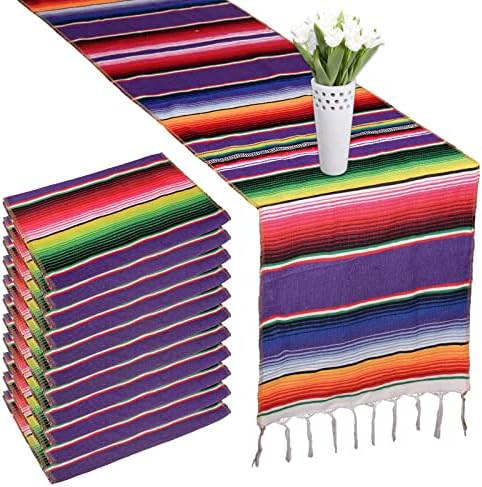 LGHSPOM 12 Packs Mexican Blanket Serape Table Runner Colorful Striped Fringe Cotton Table Runner for Mexican Birthday Party Wedding Holiday Decorations Pack of 12-14x84