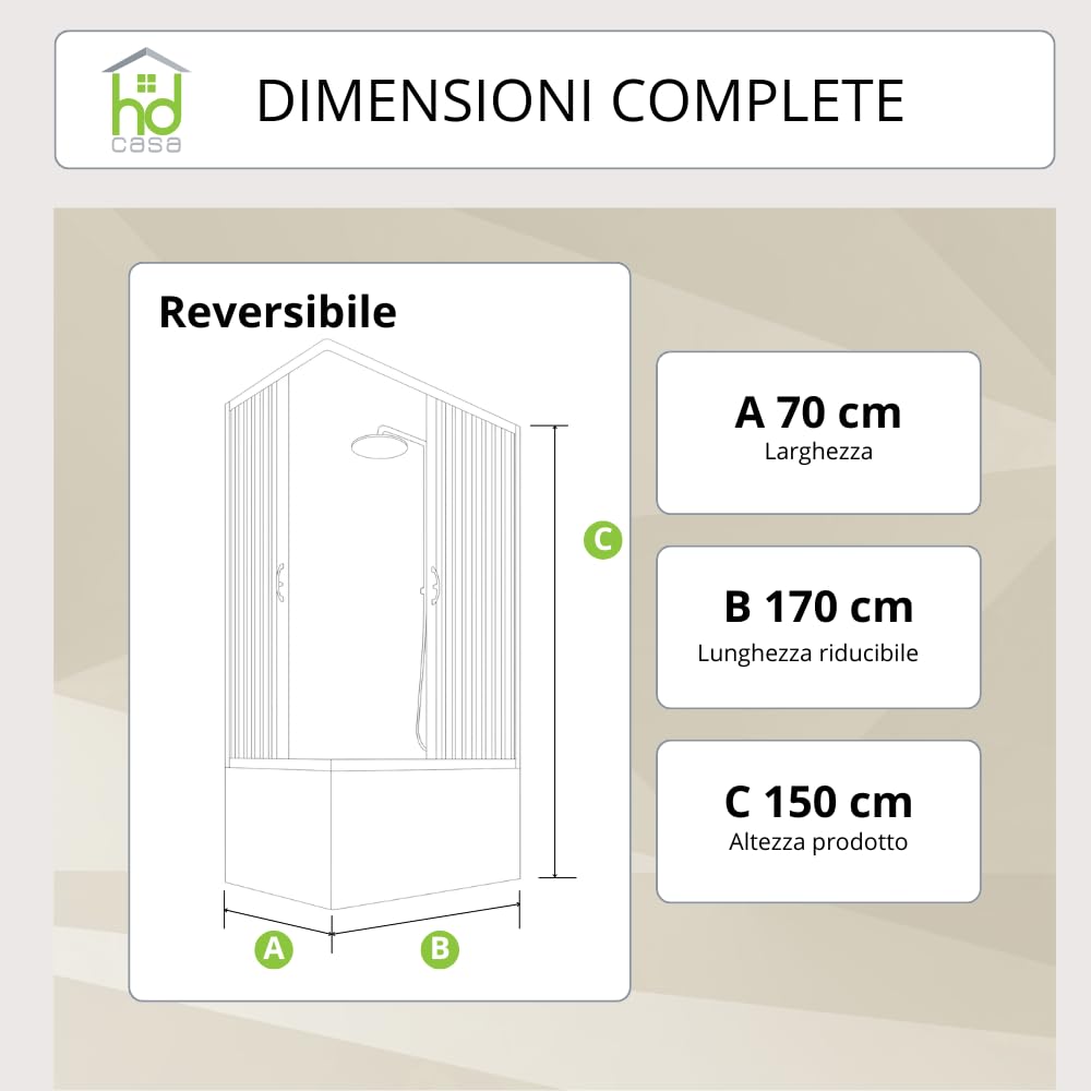 HD CASA Box Sopravasca a Soffietto Modello Anja, Apertura Angolare Reversibile, Pannelli in PVC Riducibili, Cabina Doccia Salvaspazio Made in Italy, arredo bagno, 70x170 cm