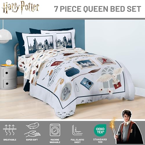 Image of Harry Potter Queen Comforter Set 7 Piece Soft Hogwarts Bedding, Grey | Hedwig, Bed in a Bag, Comforter Sheets Shams Pillowcases, Official Product, Soft Microfiber, Machine Washable, Kids Gift