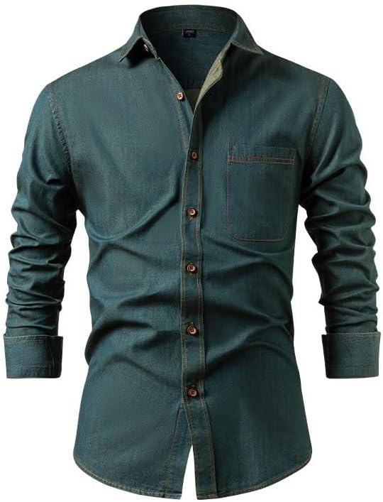 Denim Shirt Men Cotton Long Sleeves Cardigan Casual Breathable Square Collar Slim Fit Shirt