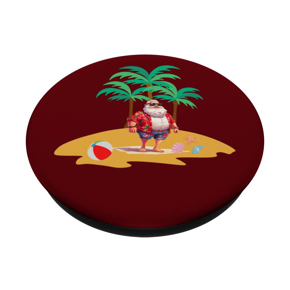 Santa Clause Christmas in July Beach Seashells Palm Trees PopSockets Swappable PopGrip, Black - Image 2