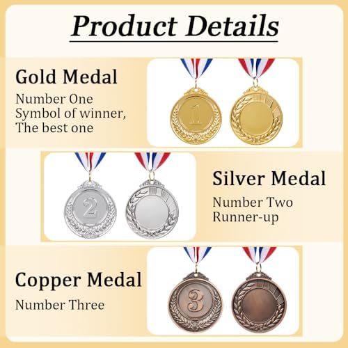 Plus Award Medals 24 PCS - LINKPEACE Gold Silver Bronze Medals with Neck Ribbon, Steel Metal for Party Favor Decorations and Sports Awards (Diameter 2.56in) (24 Pcs Gold Silver Bronze) - 5