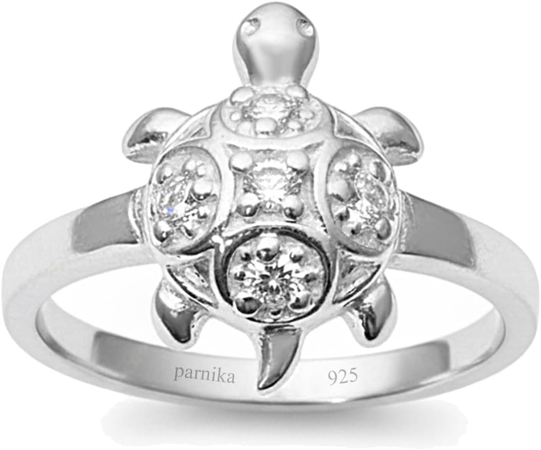Good Luck Tortoise/Turtle Finger Ring Embellished with CZs in 92.5 Sterling Silver for Men and Women | Meru Kachua Ring |
