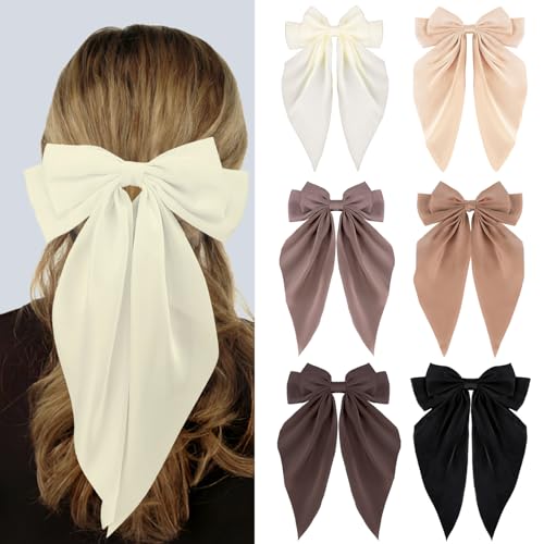 Silky Satin Hair Bows, Oversized Long Tail Bows with Barrette Clips, Coquette Hair Accessories for Women and Girls (Black-D Brown-B Brow-Kaki-C Kaki-Beige)