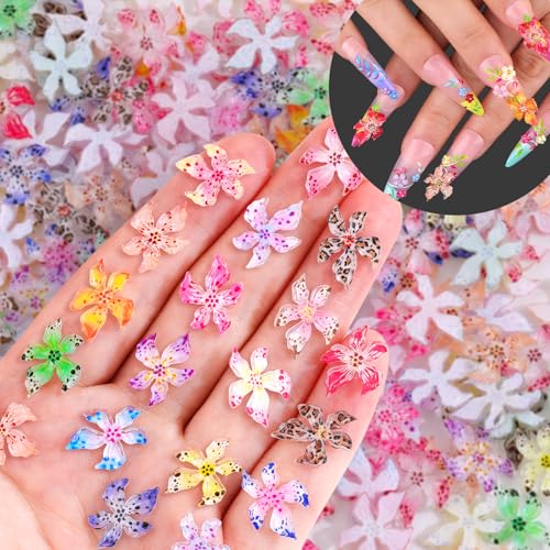 70Pcs 3D Flower Nail Charms and Gems, Cute Hawaii Lily Hibiscus Nail Charm Summer Soft Flowers for Nail Art, Spring Floral Nail Rhinestones Nail Design for Acrylic Tips Beach Manicure Decor