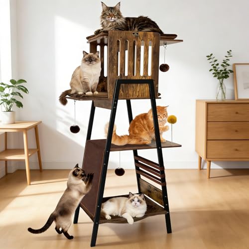 Image of 57 Inch Multi-Level Modern Cat Tree Tower with Hammock & Scratching Ramp - Wooden Heavy-Duty Cat Tower for Large Cats & Multi-Cat Households, Easy to Clean (Brown)