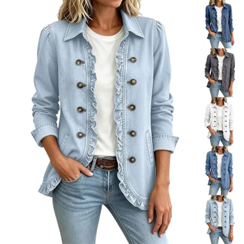 Denim Jacket for Women Ruffles Trim Button Western Oversized Jean Coats - image 1