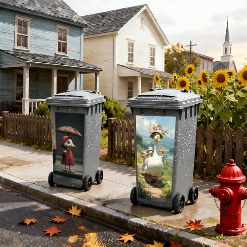 Image of 2 PC Trash Can Sticker 14.57 x 32.28 Inch Goose and Duck Design Vinyl Sticker with Floral Hat Umbrella and Meadow Path Pattern for Outdoor Garbage Bin Garden Yard Driveway Decor