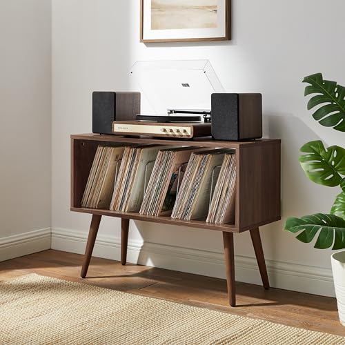 Image of Crosley Furniture Liam Small Mid-Century Modern Record Player Stand, Vinyl Storage Console for Records, Walnut