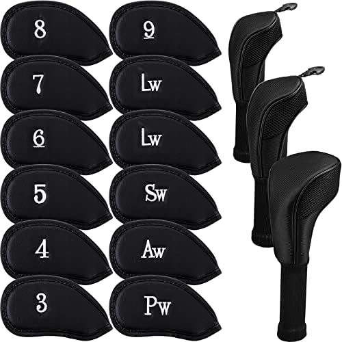 12 Pcs Thick Synthetic Leather Golf Iron Head Covers Set Iron Headcovers 3 Pcs Golf Club Head Cover Driver Golf Accessories for Fairway Driver Clubs Woods, Black