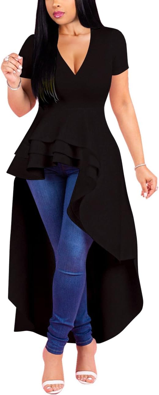 Lrady Womens V Neck Short Sleeve High Low Cocktail Party Dresses Peplum Tunic Tops Shirt Dress - Image 3