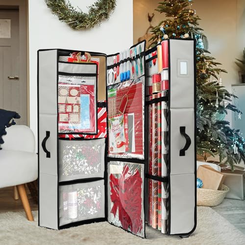 Image of Hearth & Harbor Wrapping Paper Storage Container with Ribbon Dispenser and Interior Pockets - Large Christmas Storage Containers with Wheels, Fits 30 Rolls of 40 inch Length, Silver
