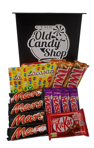 The Old Candy Shop: Caja Regalo Original para Mujer y Hombre - Chocolate Gourmet y Chuches para Cumpleaños o Aniversario - ¡Kit Kat, Lacasitos, Mars, Twix y Huesitos!