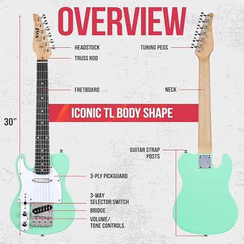 LyxPro 30” Electric Guitar Left Hand TL Series, Full-Size Paulownia Wood Body, 3-Ply Pickguard, C-Shape Neck, Ashtray Bridge, Quality Gear Tuners, 3-Way Switch & Volume/Tone Controls, 2 Picks, Green - Thumbnail 7