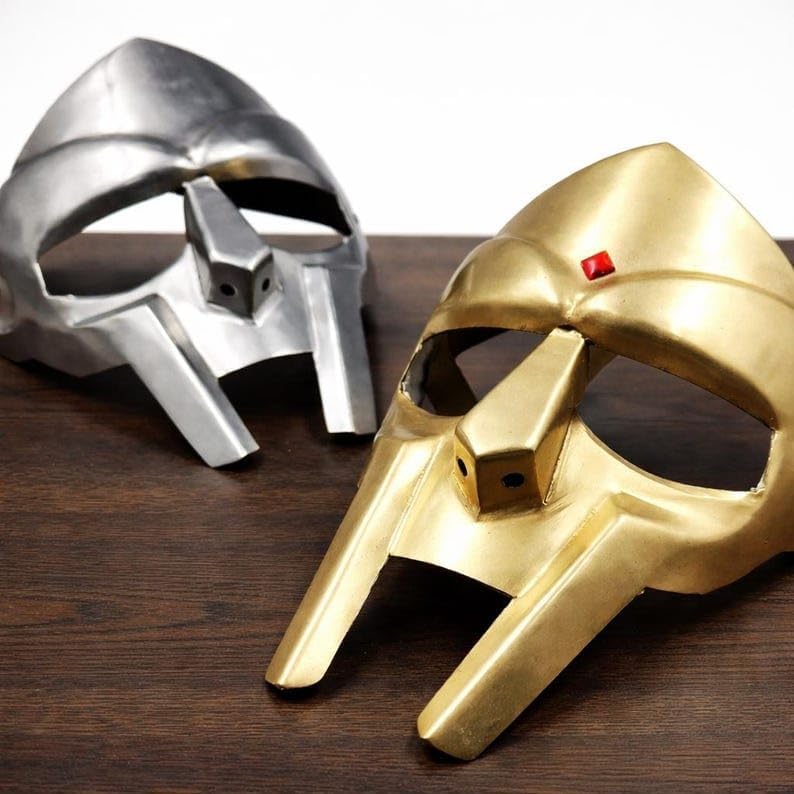 Handcrafted Warrior Style Decorative Metal Mask | Antique Finish Gladiator Face Mask with Silver & Gold Tone | Hip Hop Inspired MF Doom Replica for Home Decor, Collectors & Display