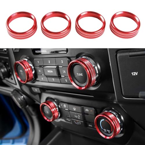 for F150 4pcs Air Conditioner AC Volume Switch Knob Ring Button Trim Cover for Ford F150 XLT 2015 2016 2017 2018 2019 2020, Red