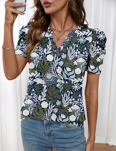 Image of LOMON Spring Summer Tops for Women 2026 V Neck Puff Short Sleeve Tops Fashion Trendy Work Blouses Dressy Casual S-XXL