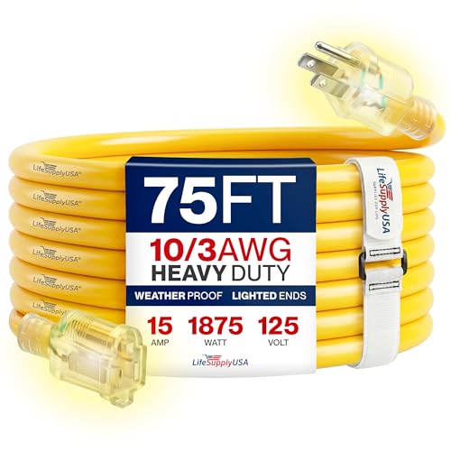 75ft Outdoor/Indoor Extension Cord 10/3 Gauge Ultra Heavy Duty 3 Prong SJTW, Waterproof, Flexible Cold-Resistant Long Power Cord,15A 125V 1875W, Yellow by LifeSupplyUSA