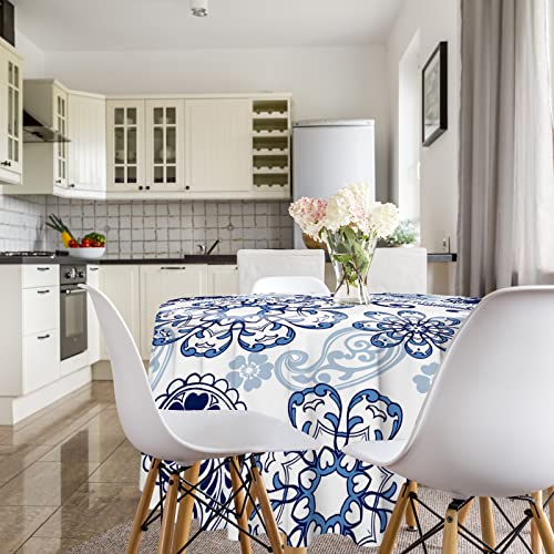 Vantaso Oriental Paisley Floral Blue White Round Tablecloth 60 Inch Polyester Table Cloth Linen, Machine Washable Table Cover For Kitchen Dining Coffee Circular Table #TOP4