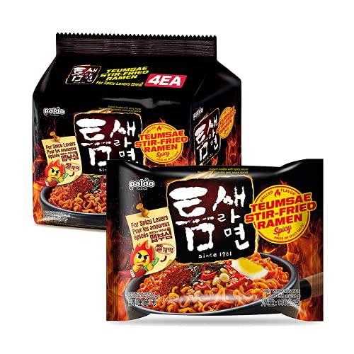 Paldo Fun & Yum Extra Hot Spicy Instant Noodles Stir-Fried, Pack of 8 Soupless Original Korean Ramyun, Spicy Ramen Challenge, Teumsae Ramen, Oriental Style Korean Ramyun, K-Food 130g (4.58 oz) x 8