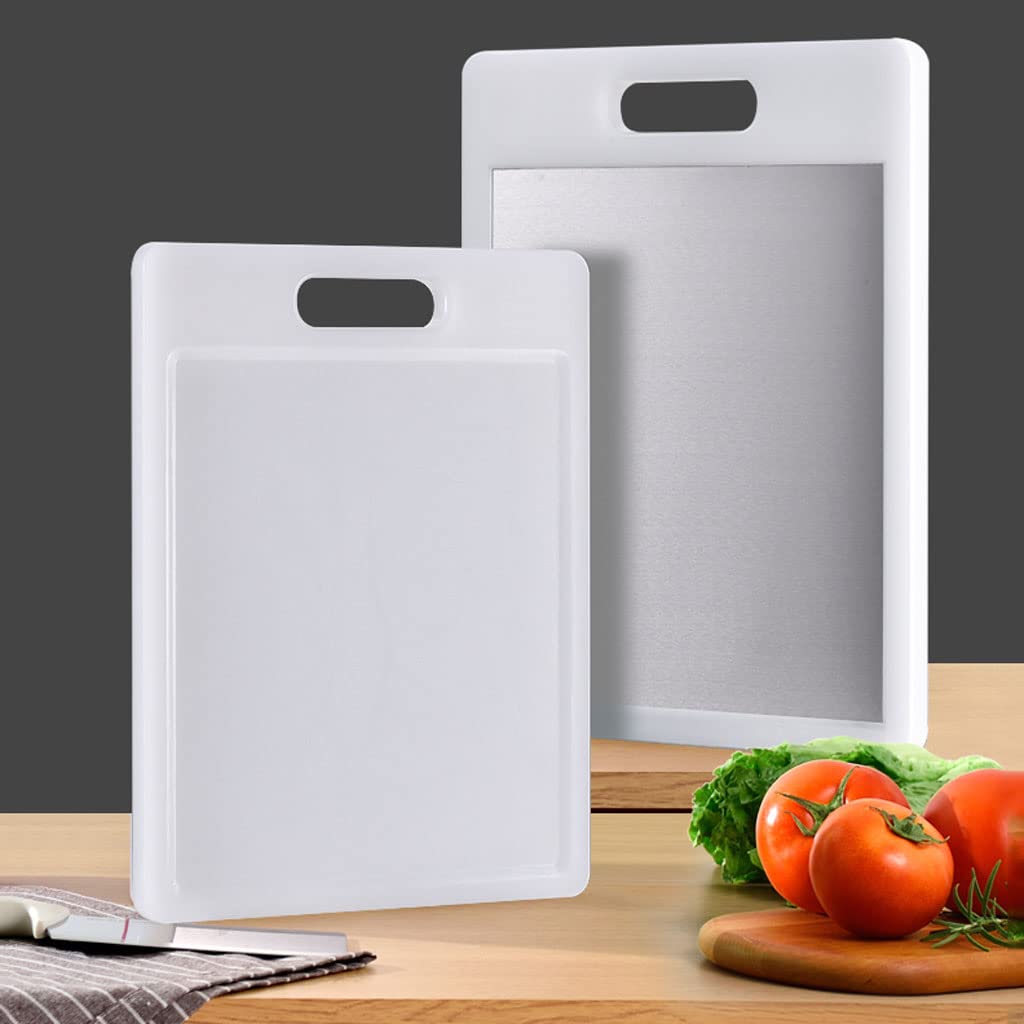 Tabla De Cortar Profesional De Doble Cara De Acero Inoxidable Y Plástico 2 En 1 con Mango para Cocina, Tabla De Cortar Carne L