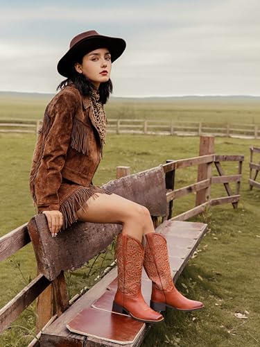 Image of Western Cowboy Boots for Women Knee High Cowgirl Boots with Classic Embroidered, Pointed Toe Chunky Heel Fashion Retro Classic Pull On Tall Boot Women Fall Winter
