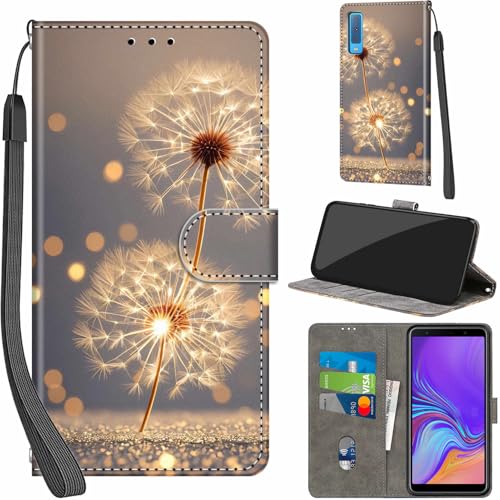 Handyhülle für Samsung Galaxy A7 2018 Hüllen Premium Leder Case Klappbar Wallet Magnet Kartenfach Standfunktion Schutzhülle kompatibel mit Samsung A7 2018 Cover Löwenzahn