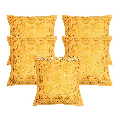 Stylo Culture Boho Forros para Cojines Decorativos 40x40 cm Algodón Espejado Fundas De Almohadones Sofa Amarillo Mostaza 16x16 Inch Bordado Cuadrado sobre Cojin para La Cama - 5 Pcs