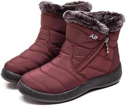 Women's Winter Snow Boots Ankle Short Boots Slip On Waterproof Outdoor women Booties Fur Lined Warm Shoes(6.5,Red)