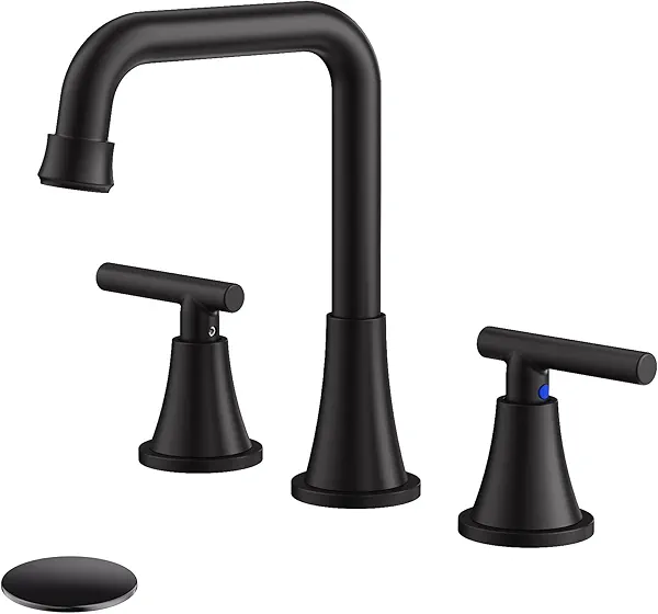 Bathroom Faucet 3 Hole, Matte Black Bathroom Sink Faucet with Drain Assembly and Supply Lines, Square Spout Widespread Bathroom Faucet for Vanity RV Outdoor