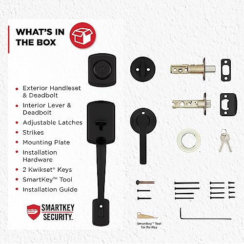 Image of Kwikset Henley Front Door Lock Handle and Deadbolt Set, Entry Handleset Exterior with Interior Reversible Lever, Matte Black, Pick Resistant SmartKey Rekey Deadbolt Security, with Microban Protection