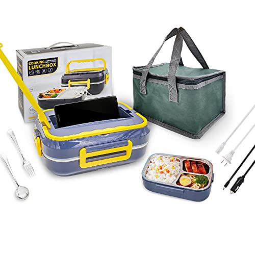 Electric Lunch Box for Car Truck Home Office, 110V and 12 24V 40W Portable Food Warmer Rice Heater with Removable Stainless Steel Container, Gift Pack Fork Spoon Insulated Carry Bag