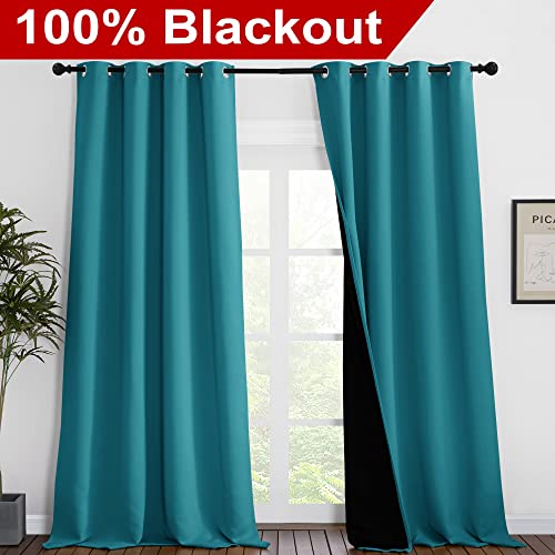 Image of NICETOWN Full Shading Curtains 96 inches Long 2 Panels Set for Windows, Super Heavy-Duty Black Lined Blackout Curtains for Bedroom, Privacy Assured Window Treatment (Peacock Teal, 55 inches W)