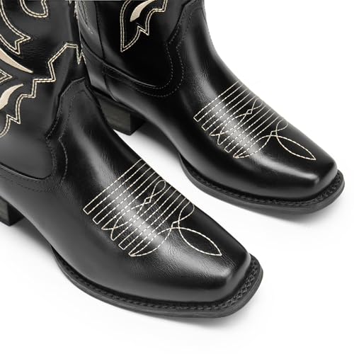 Image of DREAM PAIRS Women's Square Toe Cowboy Cowgirl Boots Pull On Low Chunky Heel Mid Calf Western Boots with Embroidered Stitched for Theme Party Country Concert | Square Toe Western Boots, Low Chunky Heel, Pull On, Embroidered Stitched, Theme Party Country Concert