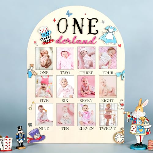 Wonderland My First Year Photo Board Onederland One Year of Photo Board 12 Months Picture Milestone Wood Board 1st Birthday Picture Frame Sign Banner Decorations Baby Keepsake Gift (2" x 2.8" photos)