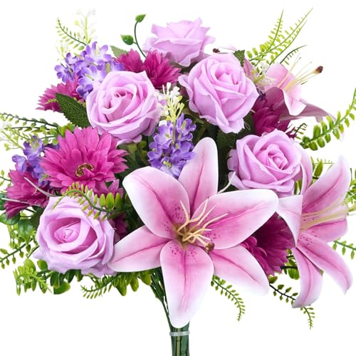 HUAESIN Artificial Flowers Purple Cemetery Flowers Memorial Day Fake Rose Hyacinth with Lilies Flowers Spring Silk Flower Arrangements for Home Garden Wedding Table Entryway Indoor Outdoor Decor