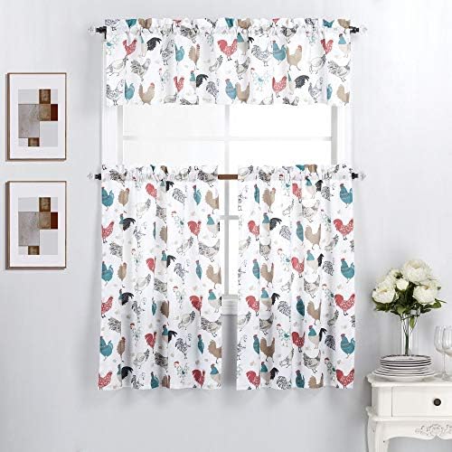 Interior Trends 3 Piece Kitchen Window Curtain Panel Tiers and Valance Set (36" Tiers Set, Multicolor Roosters)