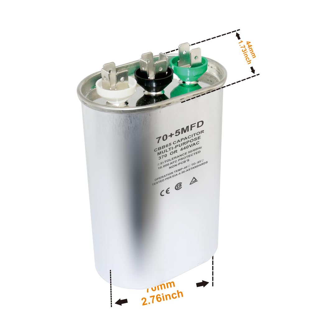 CBB65 Oval Start Capacitor with Dual Run Function, 70+5 uF ±5% 440VAC Combination Capacitor for Air Conditioner Units, Fan Motor Start, Heat Pumps, Condensers in Straight Cool Systems (70 + 5 uf, 2)