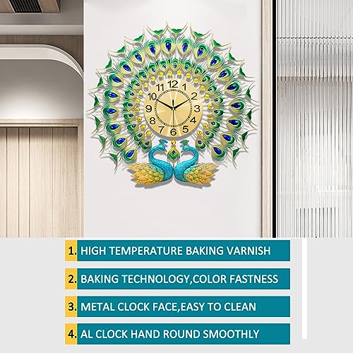 Image of Large Peacock Wall Clock 27.6 inch Non-Ticking Silent Crystal Creative Personality Modern Art Decorative Wall Clocks for Living Room Decor