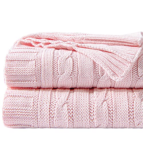 NTBAY 100% Pure Cotton Cable Knit Throw Blanket, Super Soft Warm 51x67 Knitted Throw Blanket for Couch, Sofa, Chair, Bed - Extra Cozy, Machine Washable, Comfortable Home Decor, Baby Pink