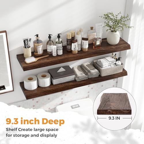 Image of RICHFOCUS Live Edge Elm Floating Shelves - 40 inch W x 9.3 inch D Rustic Solid Wood Wall Shelves with Invisible Bracket, Wall-Mounted for Living Room, Bedroom, Kitchen Storage & Display, Set of 2, Walnut