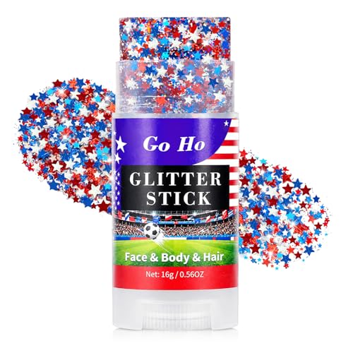 Go Ho Red White and Blue Star Face Glitter Stick,Waterproof Body&Hair Glitter,4th of July Accessories,Patriotic USA Flag Sparkle Stick for Soccer Game Independence Day 250 Anniversary Makeup