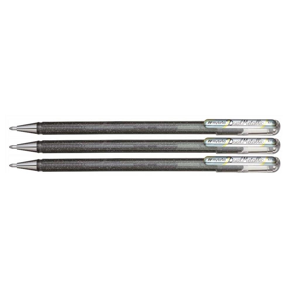 PENTEL Set of 3 Hybrid Gel Ink Rollerball Pens "Dual Pen Metallic" Silver