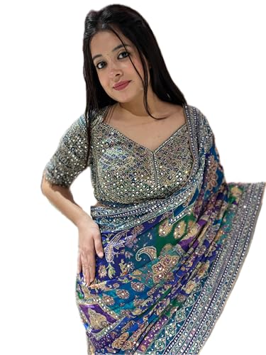Image of Vinayak Textile Women's Blue Green Pink Multicolored Ajrak Digital Prined Real Mirror And Latkan Worked Saree With Blouse