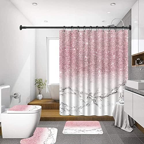 Pink Shower Curtain Marble Bathroom with 12 Hooks ,Shiny (No Glitter) ,Easter Day, Polyester, Waterproof, 72x72 Inch