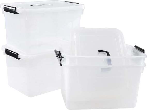 Zopnny 4-Pack Latching Storage Bins, Stackable Plastic Boxes, 10 L, Clear