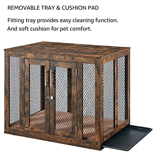 Unipaws Furniture Style Dog Crate With Cushion And Tray, Mesh Dog Kennels With Double Doors, End Table Dog House, Medium And Large Crate Indoor Use (Large, Rustic) #TOP2